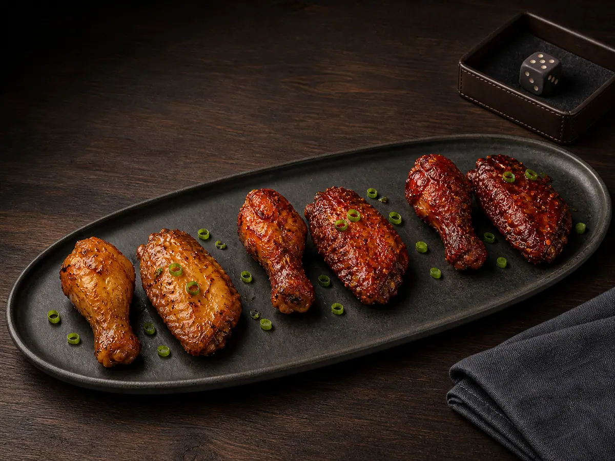Seis asinhas de frango com tamarindo dispostas em ordem, do nível suave ao mais picante, em uma travessa escura ao lado de uma bandeja simples com um dado