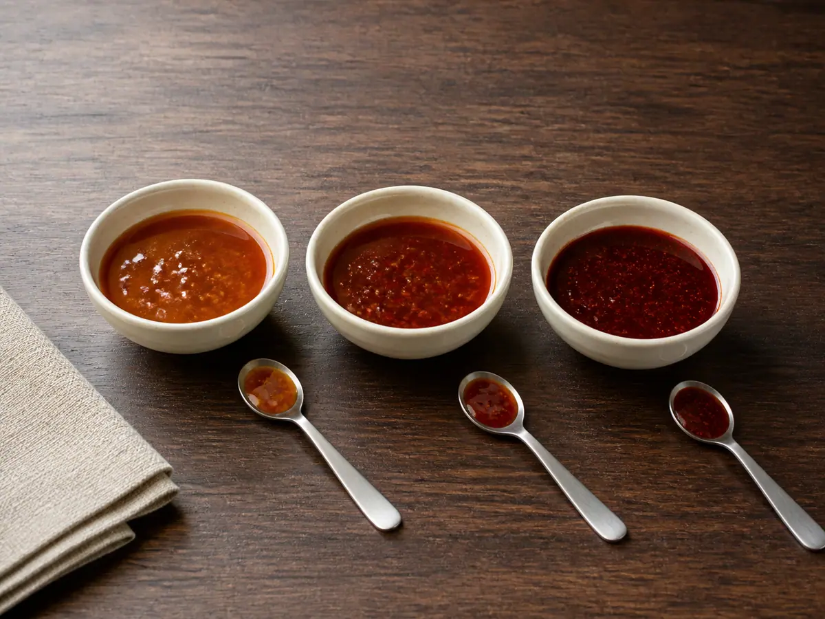 Três tigelas de molho de tamarindo com níveis de picância suave, média e alta