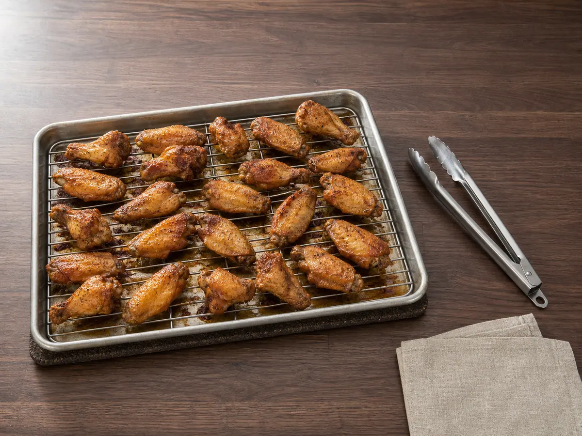 Asinhas de frango totalmente cozidas e crocantes sobre uma grade antes de receber o molho de tamarindo