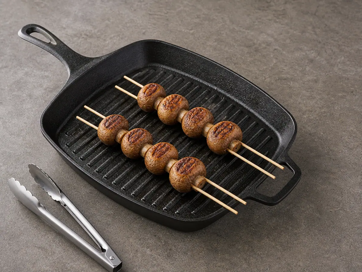 Turned mushroom double skewers browning on the second side in a dry grill pan