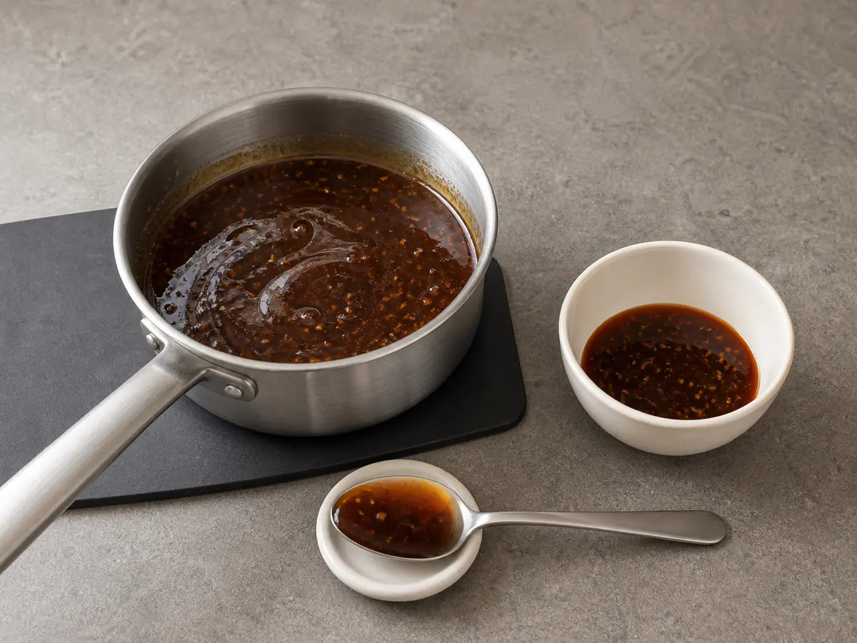 Glossy teriyaki glaze coating a spoon with a clean finishing portion set aside