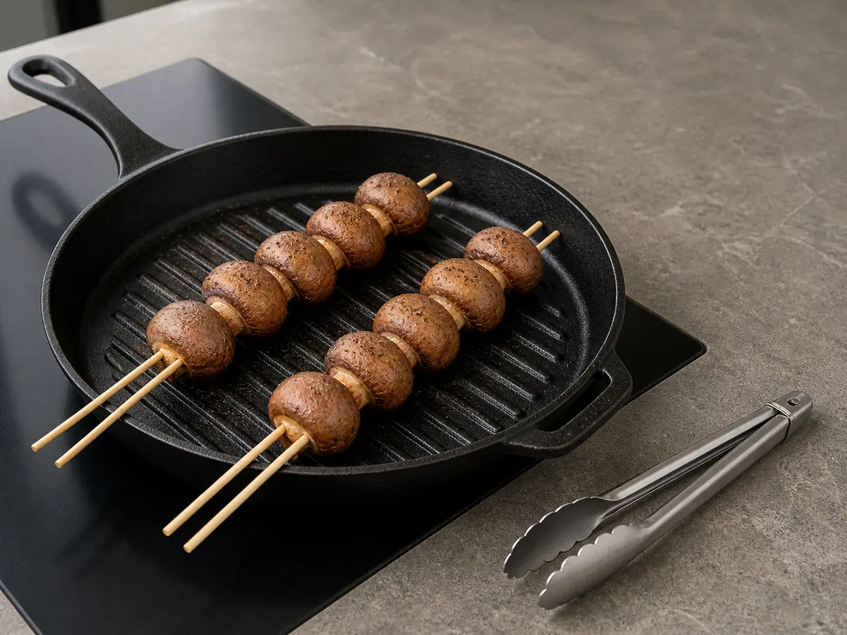 Mushroom double skewers searing until the first-side edges are deeply browned