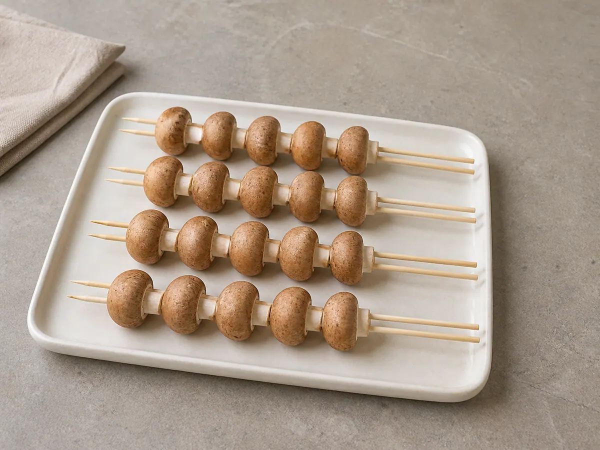 Cremini mushrooms threaded onto parallel double skewers before cooking