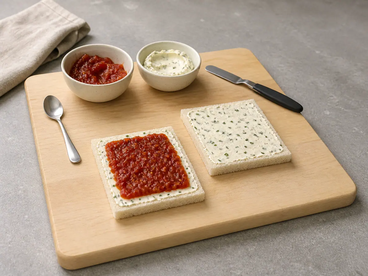 Pan blanco sin corteza untado con queso crema y cebollín y una capa fina de mermelada de tomate