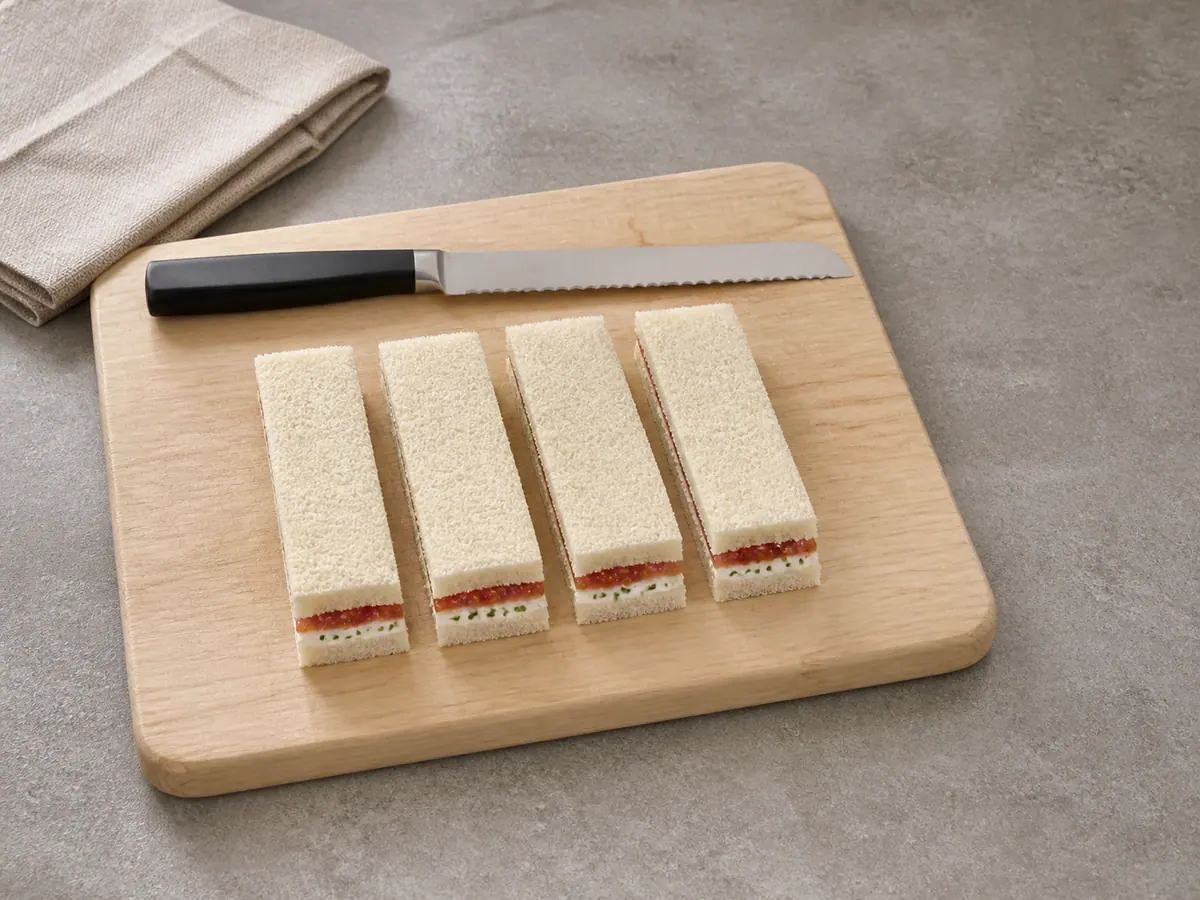 Cuatro tiras de sándwich de té recién cortadas, con mermelada de tomate y queso crema con cebollín, alineadas sobre una tabla de cortar