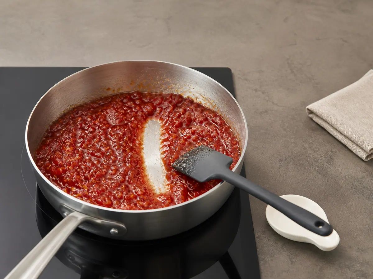 Mermelada de tomate espesa en una cacerola con un surco limpio dejado por una espátula