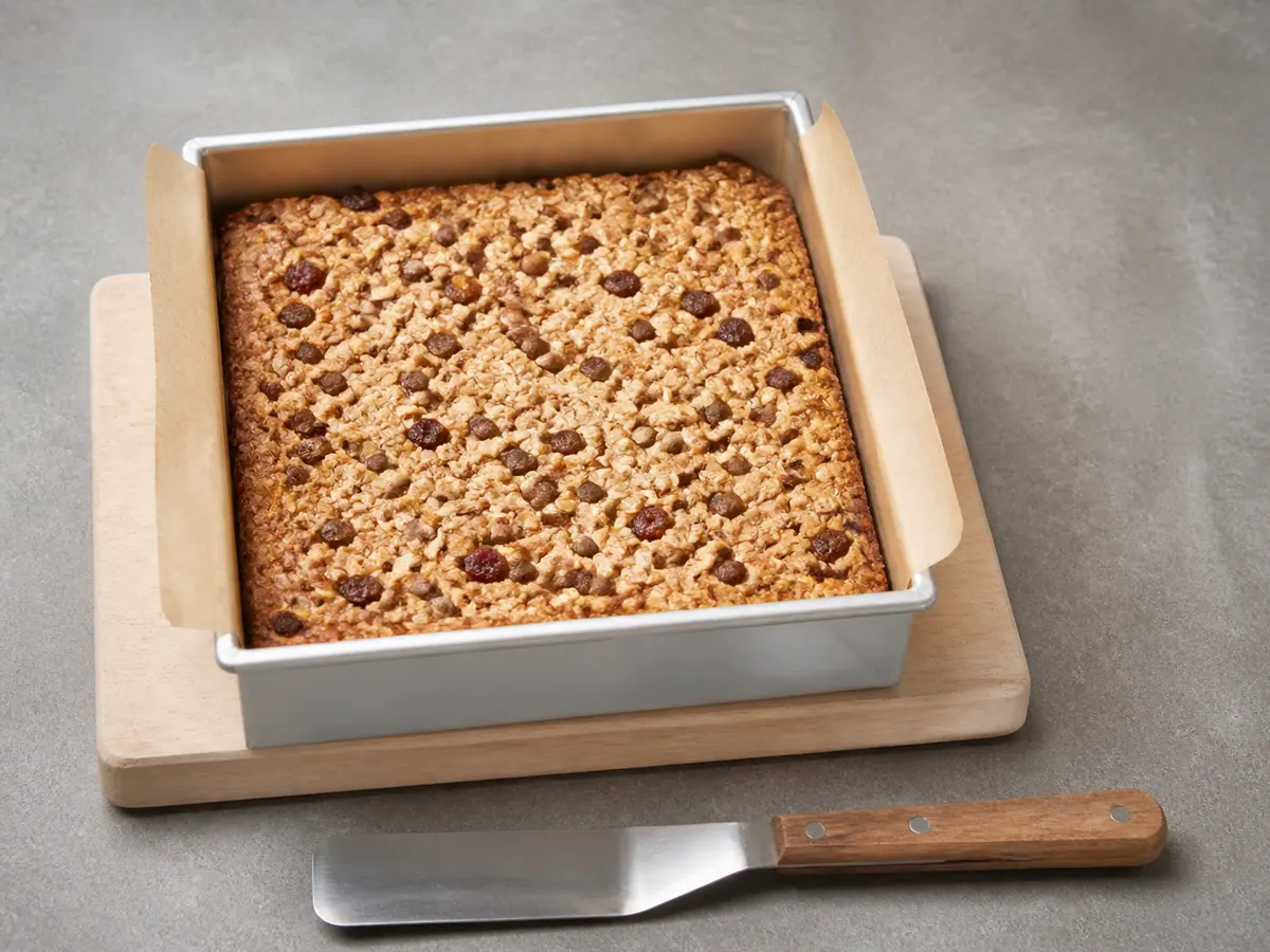 Baked trail mix slab with deep golden edges and a dry-looking center before cooling