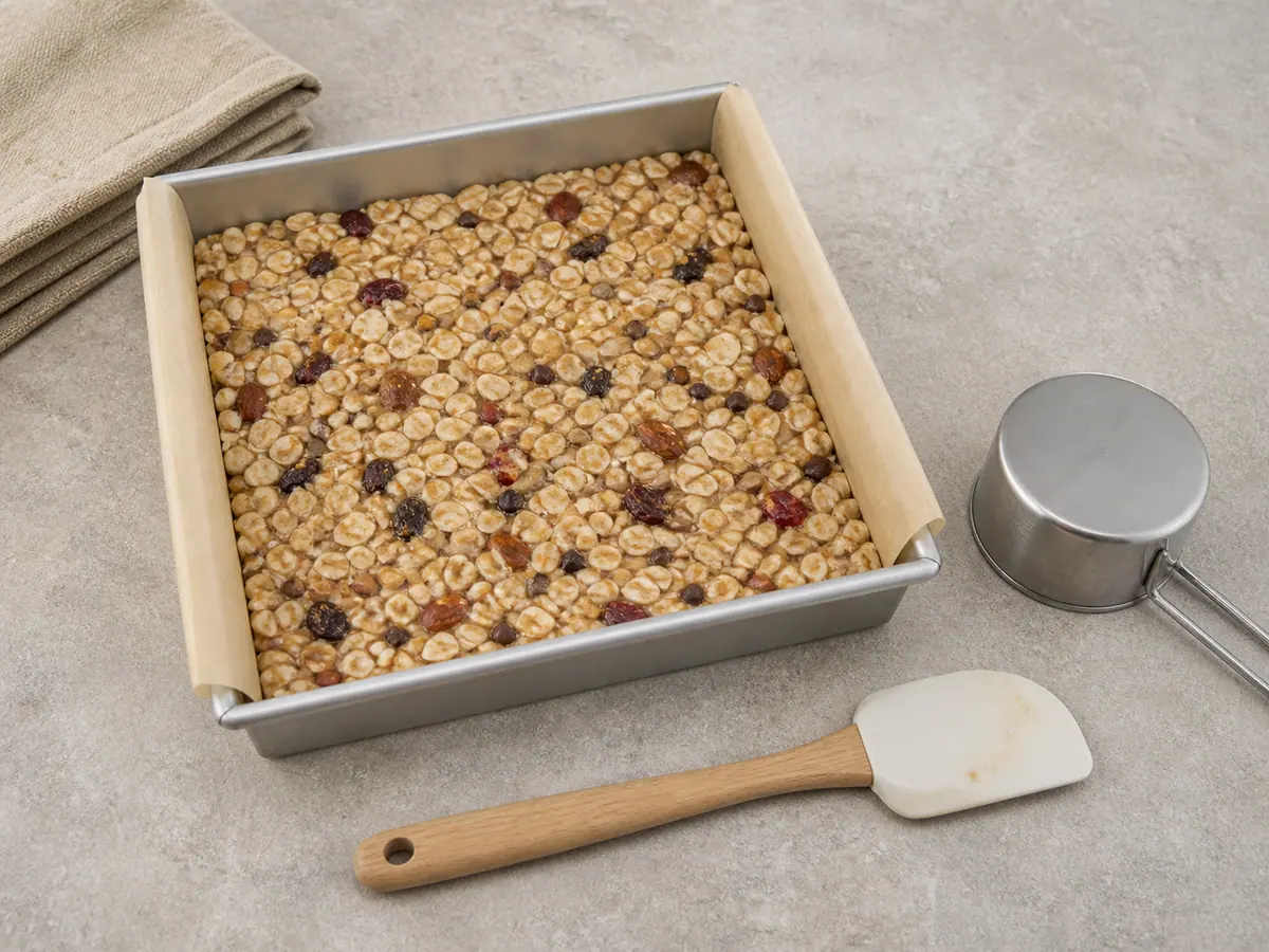 Unbaked trail mix slab pressed evenly into a parchment-lined square pan before baking