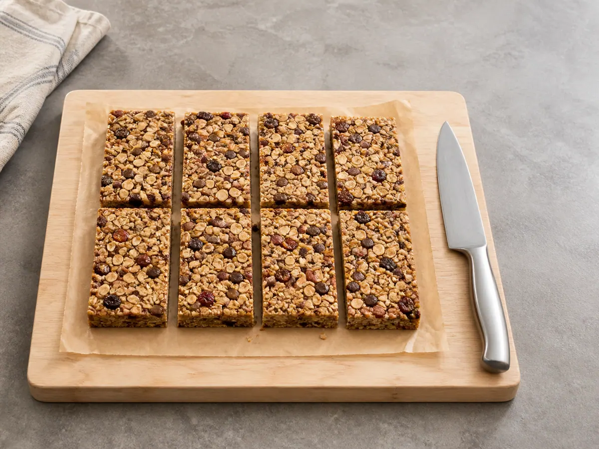 Eight equal cooled trail mix tiles cut from one slab on a cutting board