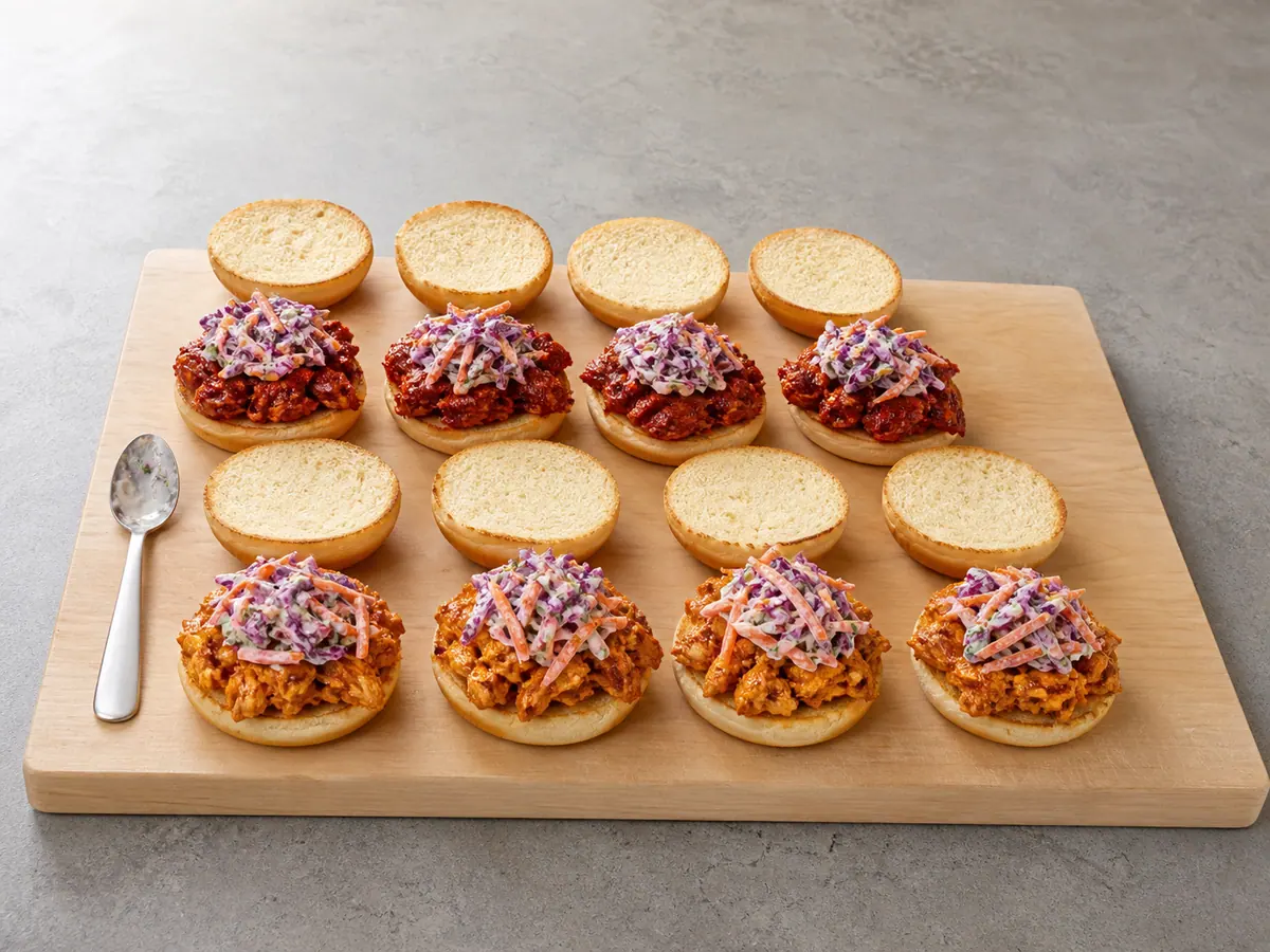 Eight open harissa chicken sliders arranged in gentler and hotter rows before the top buns are added