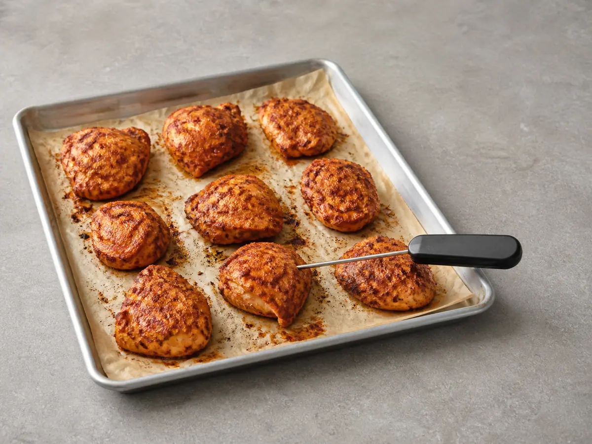 Fully cooked harissa chicken thighs browned on a sheet pan after temperature verification