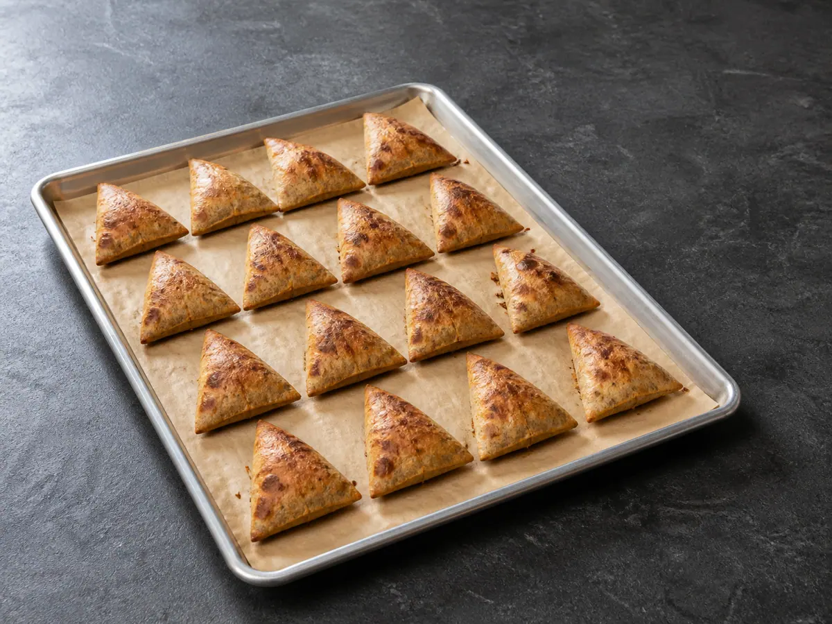 Dezesseis samosas integrais assadas sobre papel-manteiga, com casquinha dourada, pequenas bolhas mais escuras, emendas secas e bases firmes