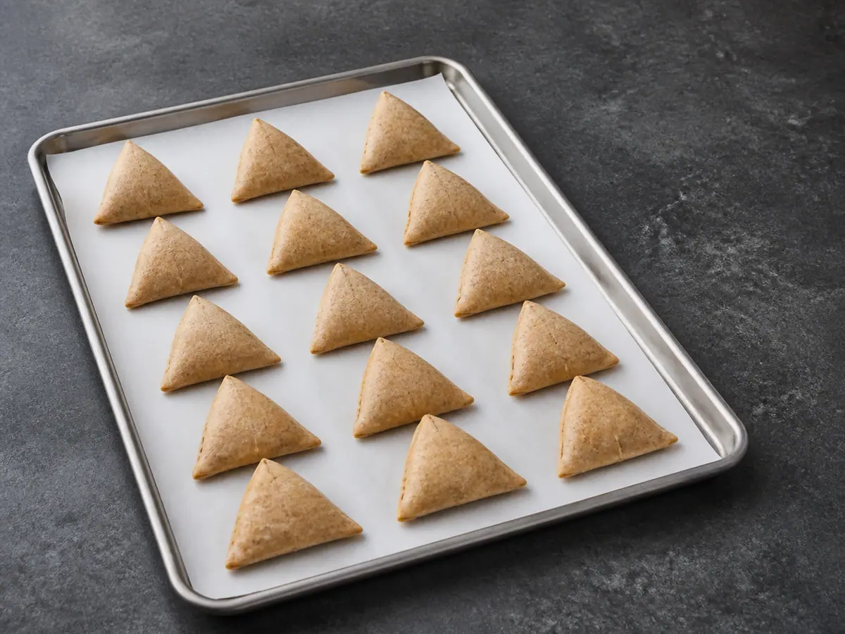 Dezesseis samosas integrais cruas, já seladas e com a emenda virada para baixo, em uma assadeira forrada com papel-manteiga antes de pincelar e assar