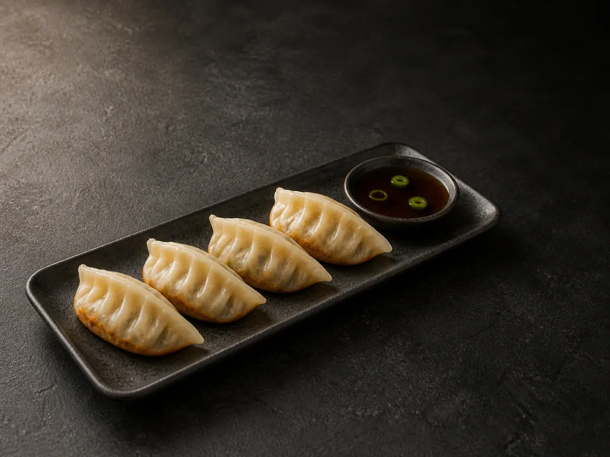 Four pan-fried vegetable dumplings in a straight line with soy-vinegar dipping sauce