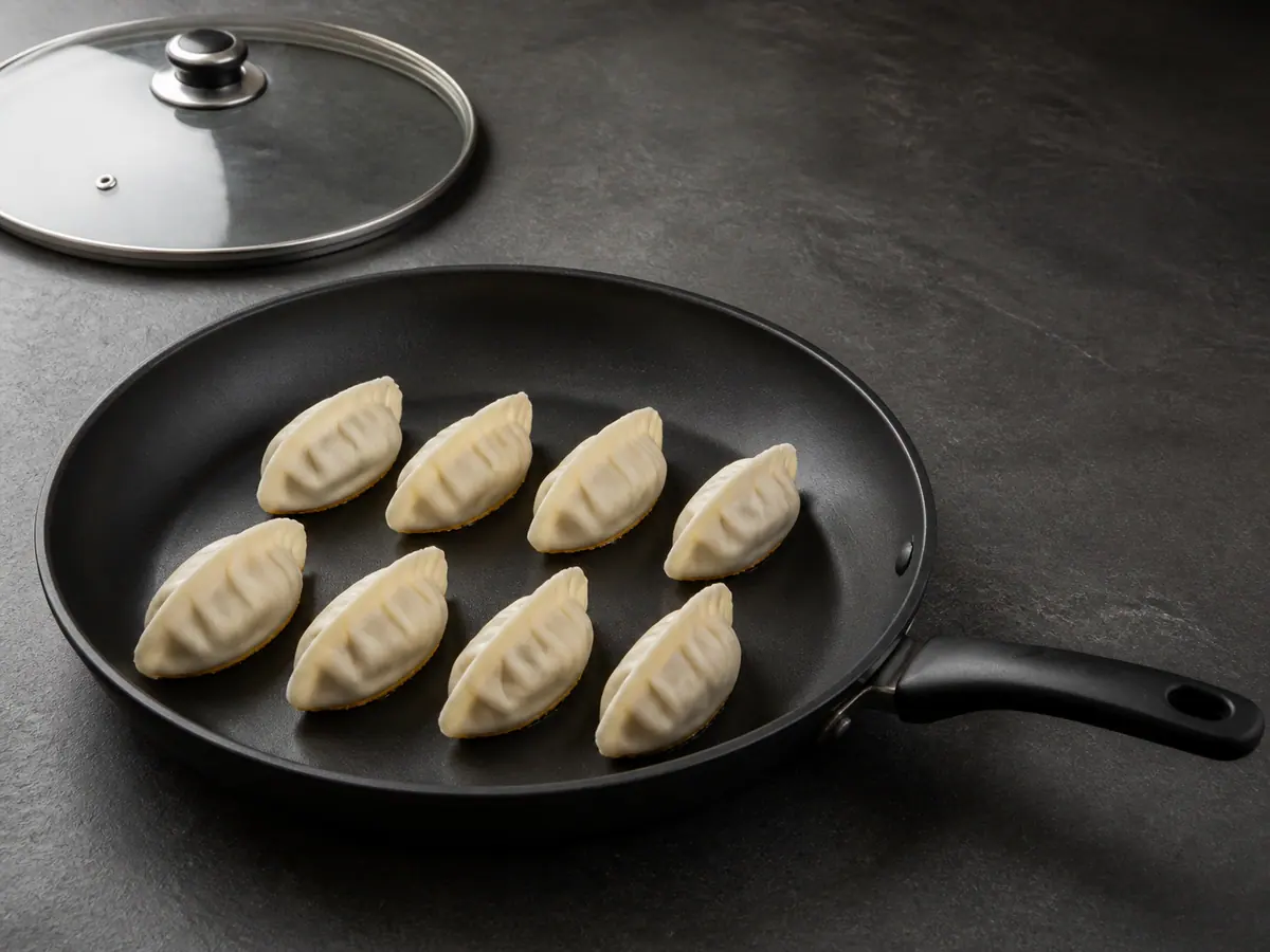 Eight upright uncooked dumplings with light-golden bases in a nonstick skillet