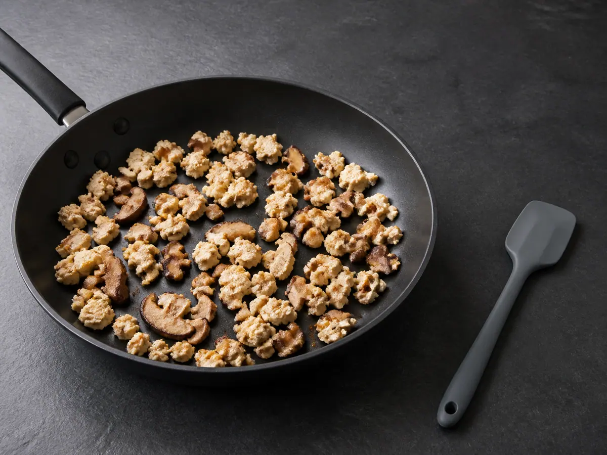 Lightly browned shiitake mushrooms and tofu crumbles in a nearly dry skillet