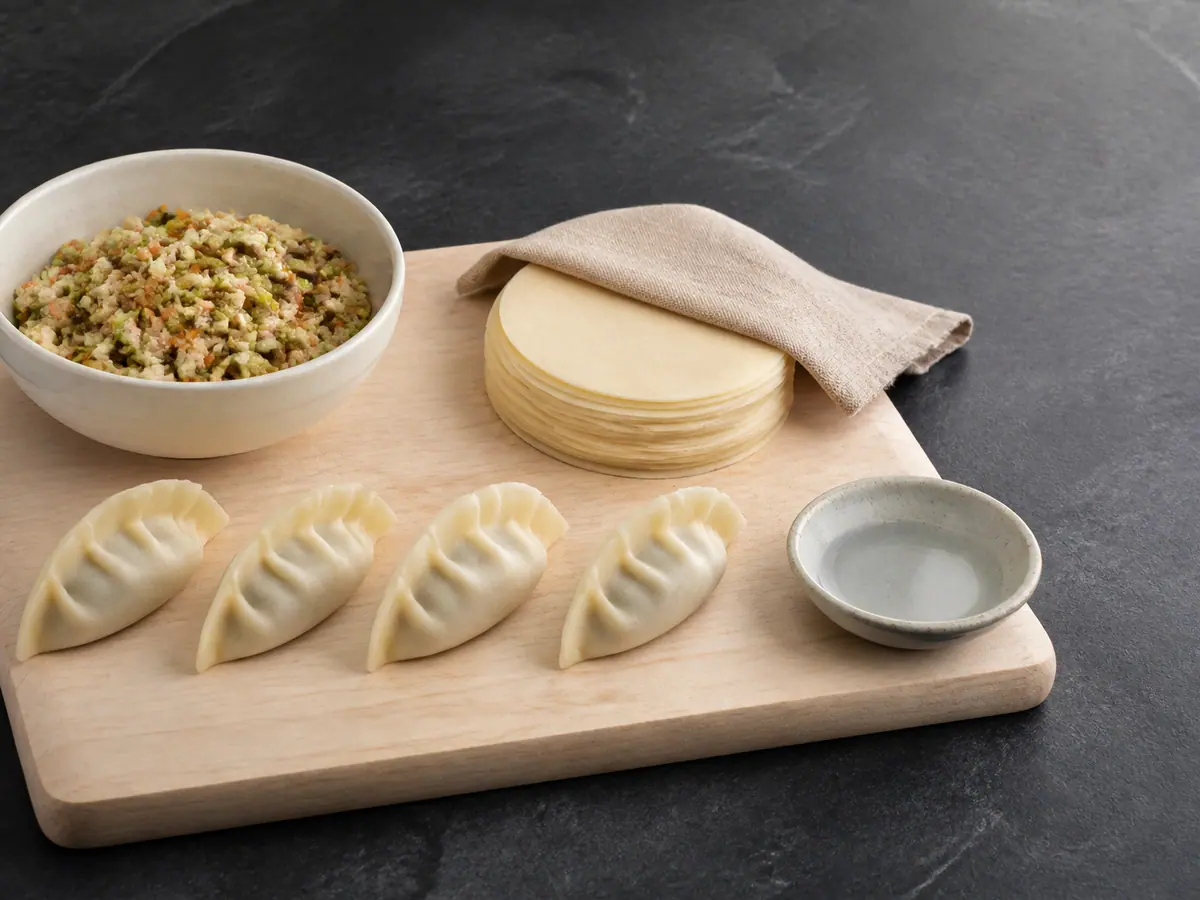 Four uncooked vegetable dumplings beside cooled filling and twelve unused wrappers