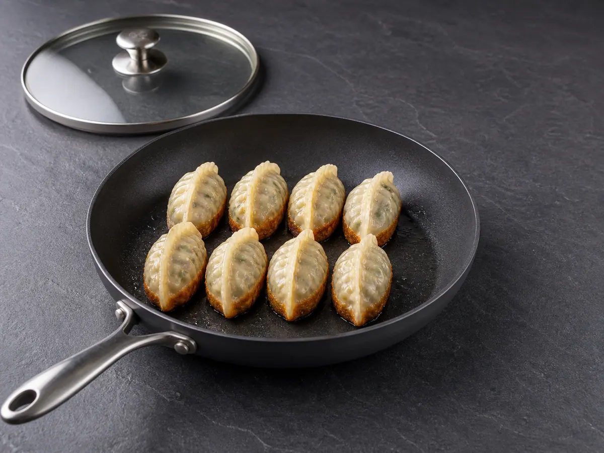 Eight cooked vegetable dumplings with deep-golden crisp bases in a dry skillet