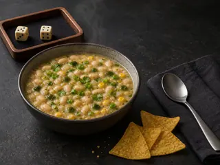 Bowl of white bean chili with corn, green peppers, cilantro, scallions, and tortilla chips beside two tabletop dice