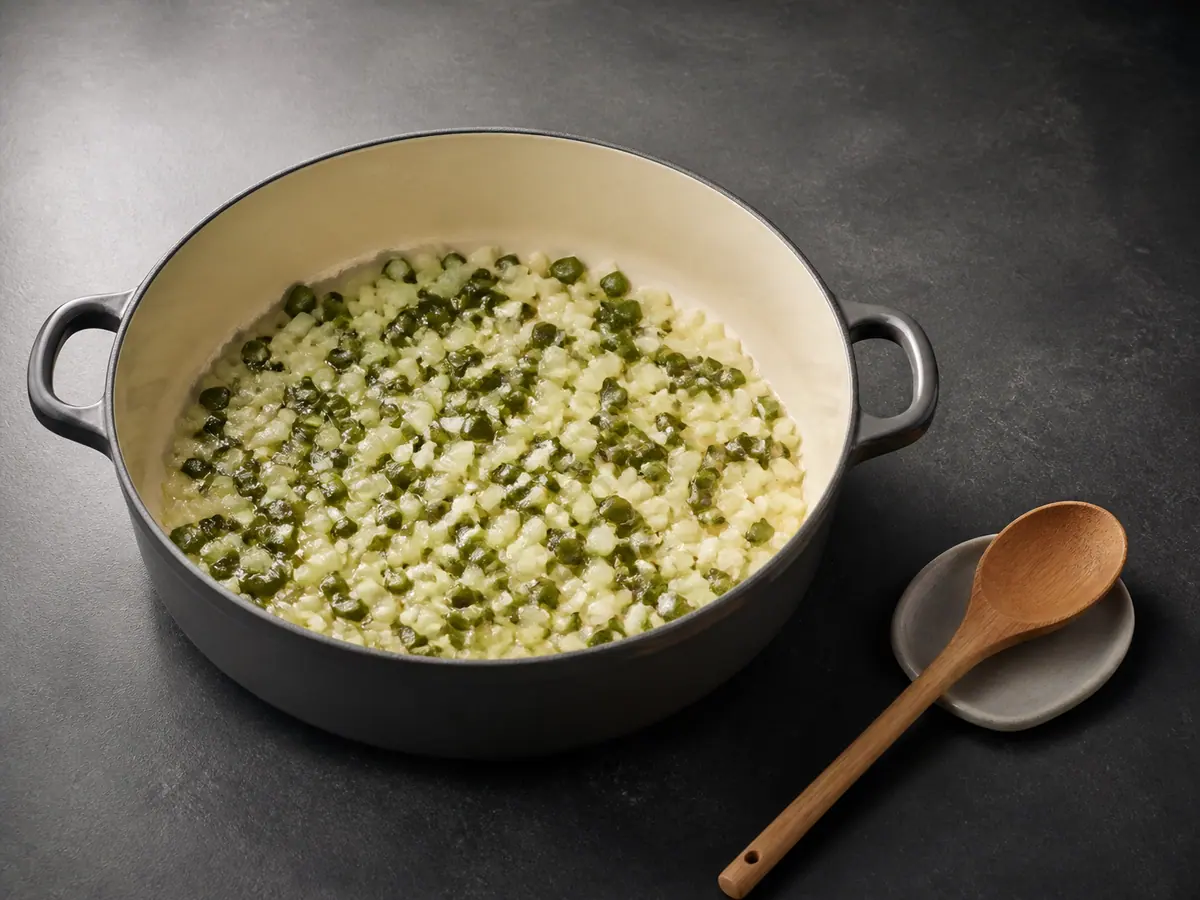 Softened onion, poblano, and jalapeno in a pot before garlic and spices are added