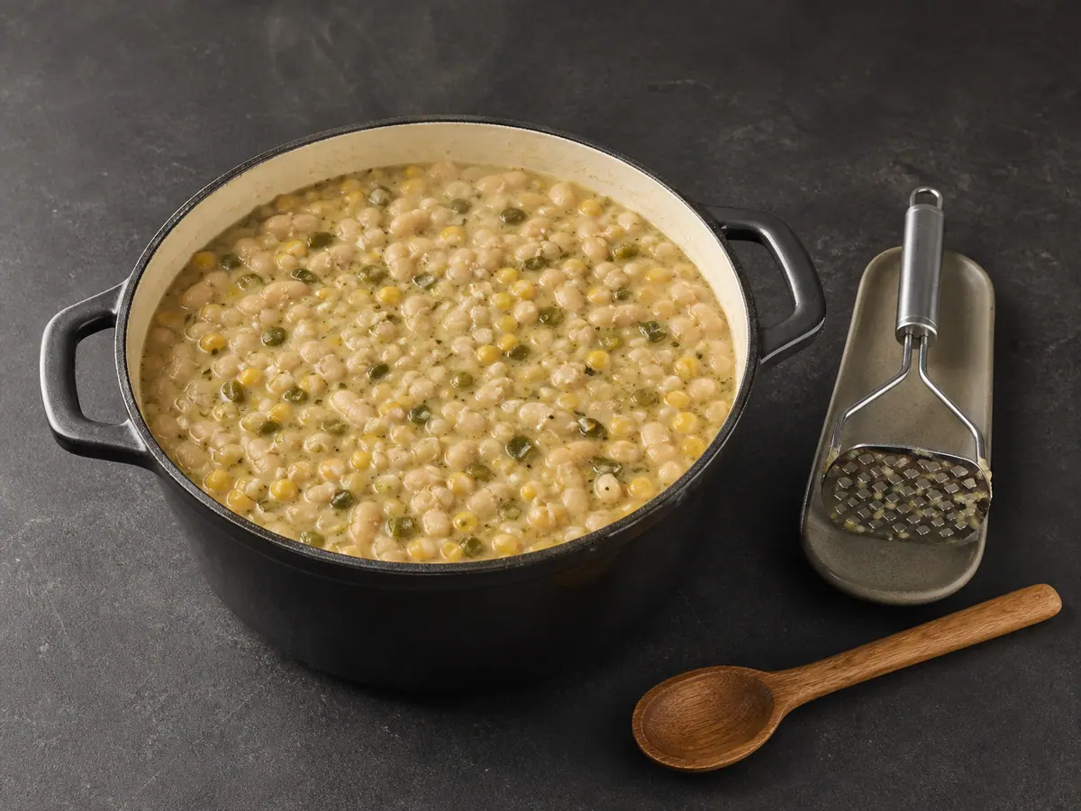 Thickened white bean chili with mostly whole beans and corn after partial mashing