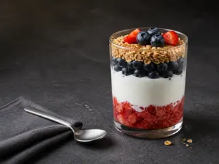 Layered berry yogurt parfait with strawberry, blueberry, and granola bands