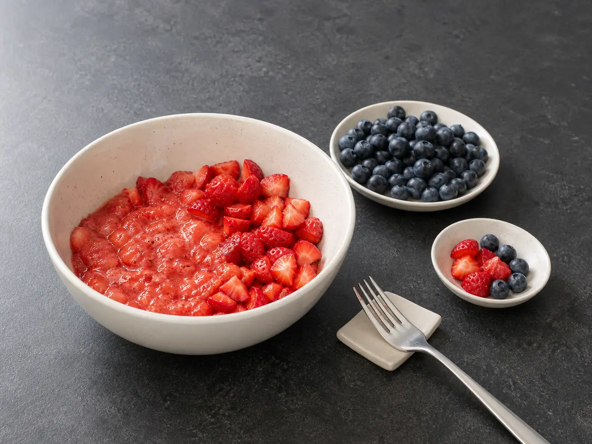 Chunky strawberry-honey mixture with dry blueberries and reserved berries before layering